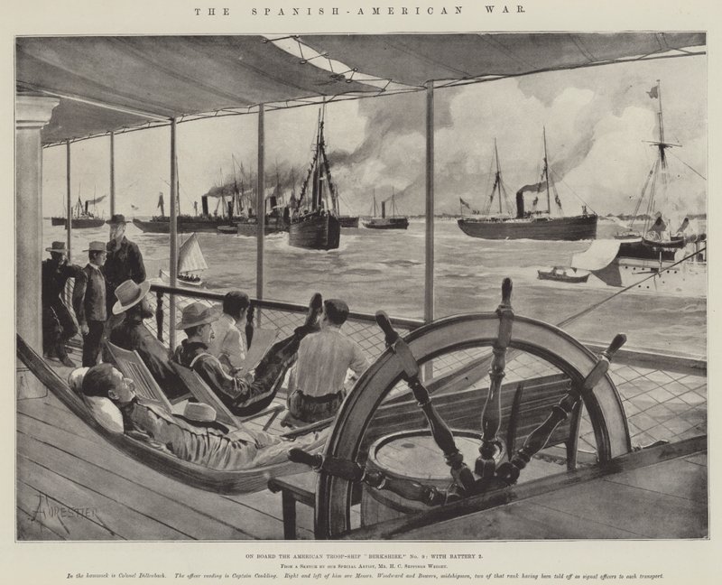 Der Spanisch-Amerikanische Krieg, an Bord des amerikanischen Truppenschiffs Berkshire, Nr. 9, mit Batterie 2 von Amedee Forestier