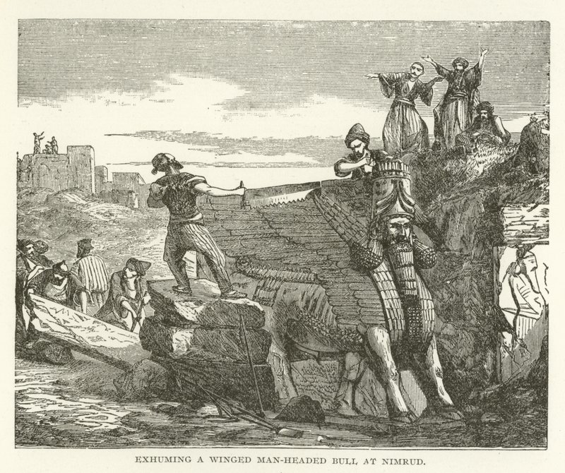 Ausgrabung eines geflügelten, menschenköpfigen Stiers in Nimrud von American School
