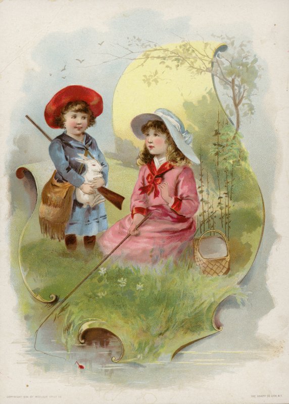 Mädchen mit weißem Kaninchen, Mädchen beim Angeln von American School