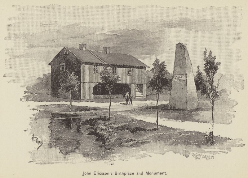 Geburtsort und Denkmal von John Ericsson (Stich) von American School