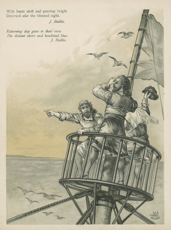 Ausgucke sichten Land in der Neuen Welt (Chromolitho) von Andrew Melrose