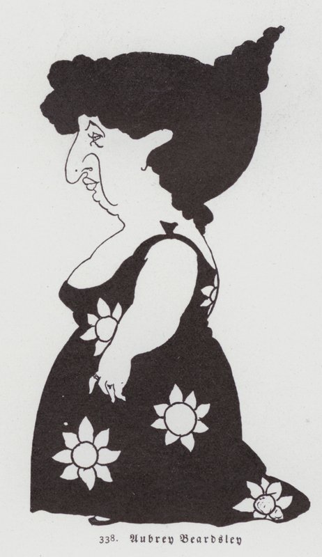Karikatur einer Frau in einem Sonnenblumenkleid von Aubrey Beardsley