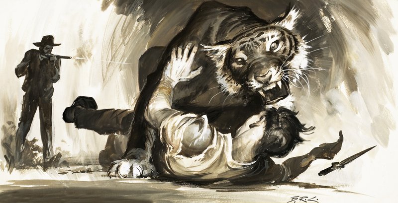 Tiger greift einen Jäger an von Barrie Linklater