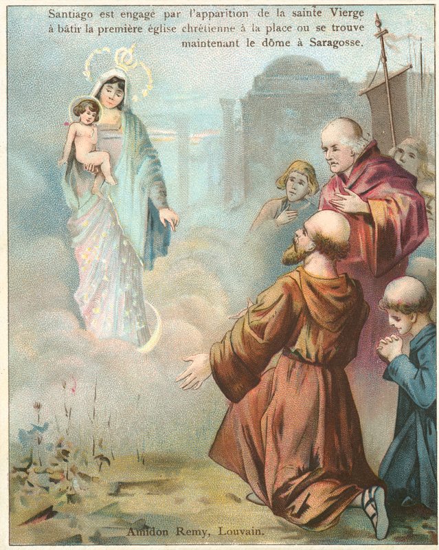 St. Jakobus der Große sieht eine Vision der Jungfrau Maria in Saragossa (Chromolithographie) von Belgian School