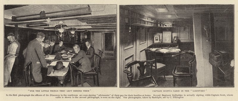Für die kleinen Dinge, die sie hinterlassen haben, Captain Scotts Kabine in der Discovery, Lithografie von C. Pilkington