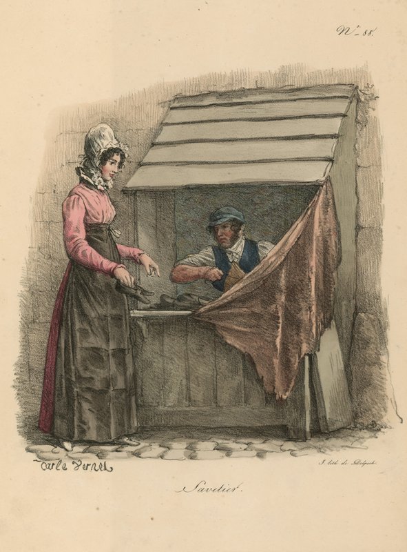 Schuster hinter einem Stand sitzend von Carle Vernet