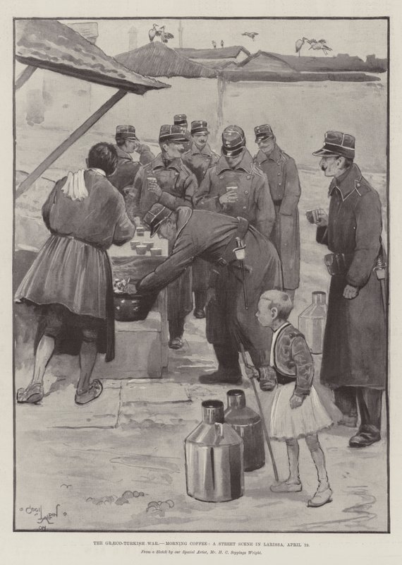 Der Griechisch-Türkische Krieg, Morgenkaffee, eine Straßenszene in Larissa, 19. April von Cecil Charles Windsor Aldin