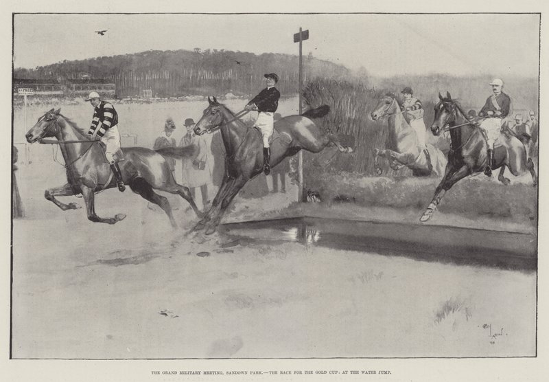 Das große Militärtreffen, Sandown Park, das Rennen um den Gold Cup, am Wassergraben von Cecil Charles Windsor Aldin