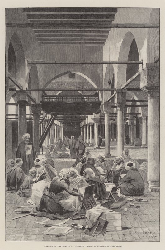 Innenansicht der Moschee von El-Azhar, Kairo, die Kampagne diskutierend von Charles Auguste Loye