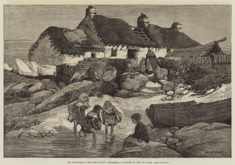 Die Wahlen auf der Isle of Man, Fischerhütten in Port St Mary von Charles Auguste Loye