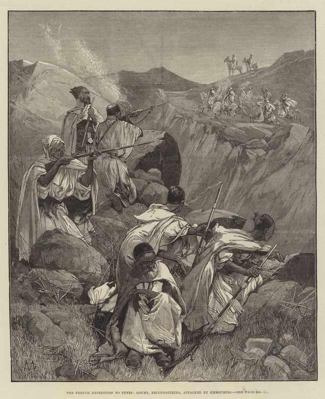 Die französische Expedition nach Tunis, Goums, Aufklärung, angegriffen von Khroumirs von Charles Auguste Loye