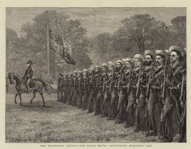 Die Freiwilligenparade, die königlichen Marinefreiwilligen marschieren vorbei von Charles J. Staniland