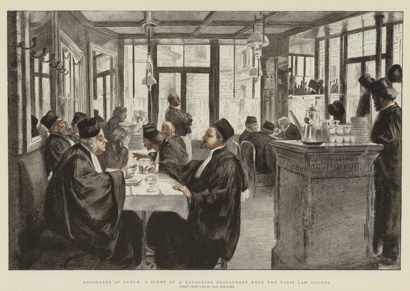 Anwälte beim Mittagessen, eine Szene in einem Lieblingsrestaurant nahe den Pariser Gerichten (Chromolithographie) von Charles Paul Renouard