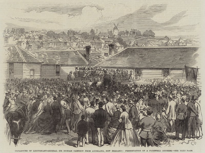 Abreise von Generalleutnant Sir Duncan Cameron aus Auckland, Neuseeland, Präsentation einer Abschiedsadresse von Sir John Charles Robinson