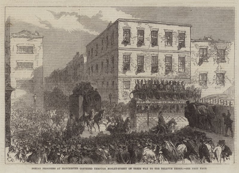 Fenianische Gefangene in Manchester, durch Mosley-Street auf dem Weg zum Bellvue-Gefängnis gebracht von Sir John Charles Robinson