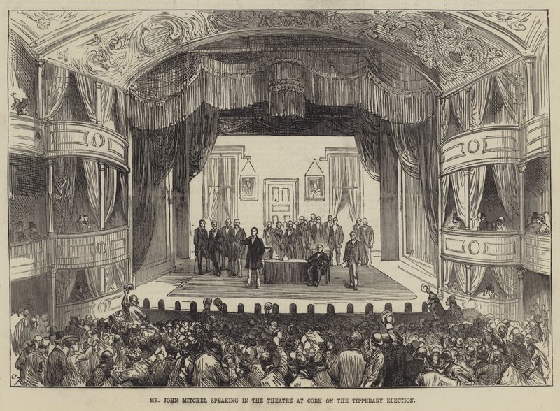 Mr. John Mitchel spricht im Theater in Cork über die Wahl in Tipperary von Sir John Charles Robinson