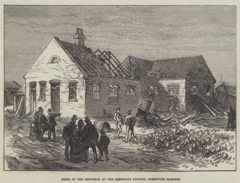Szene der Explosion in der Patronenfabrik, Greenwich Marshes von Sir John Charles Robinson