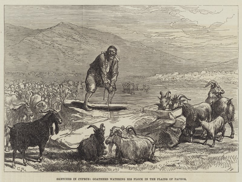 Skizzen in Zypern, Ziegenhirte tränkt seine Herde in den Ebenen von Paphos von Sir John Charles Robinson