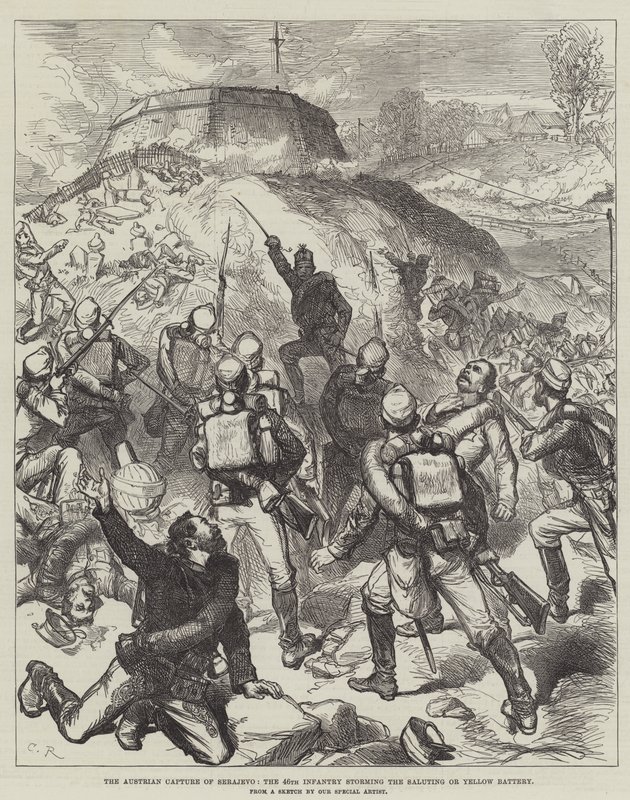 Die österreichische Eroberung von Sarajevo, das 46. Infanterieregiment stürmt die Salut- oder Gelbbatterie von Sir John Charles Robinson