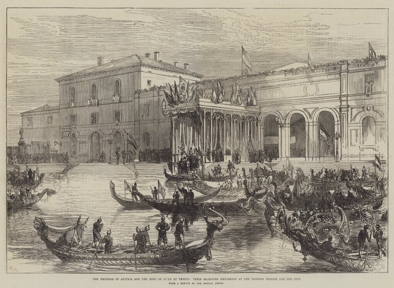 Der Kaiser von Österreich und der König von Italien in Venedig, Ihre Majestäten steigen am Bahnhof in die Stadt ein von Sir John Charles Robinson