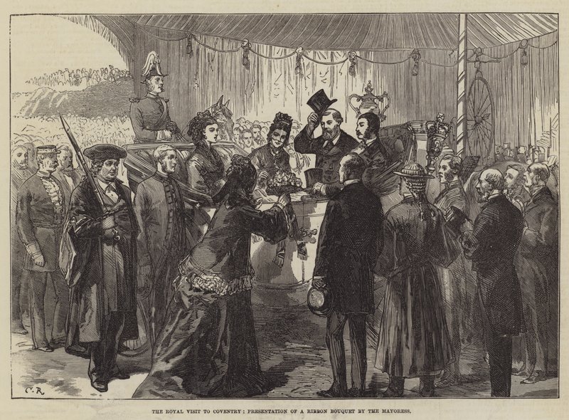 Der königliche Besuch in Coventry, Präsentation eines Bandstraußes durch die Bürgermeisterin von Sir John Charles Robinson