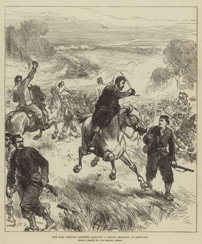 Der Krieg, serbische Offiziere sammeln ein fliehendes Regiment bei Greovatz von Sir John Charles Robinson