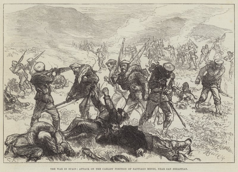 Der Krieg in Spanien, Angriff auf die Carlistenstellung von Santiago Mendi, in der Nähe von San Sebastian von Sir John Charles Robinson