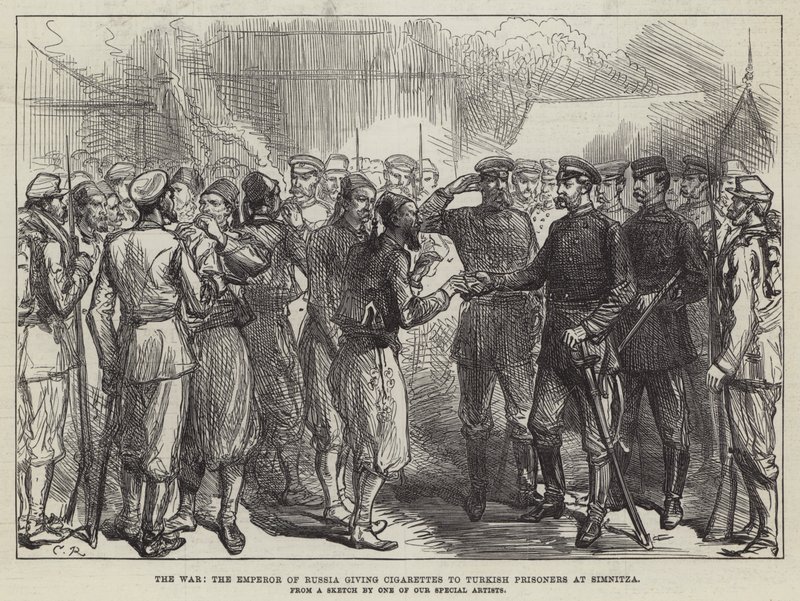 Der Krieg, der Kaiser von Russland verteilt Zigaretten an türkische Gefangene in Simnitza von Sir John Charles Robinson