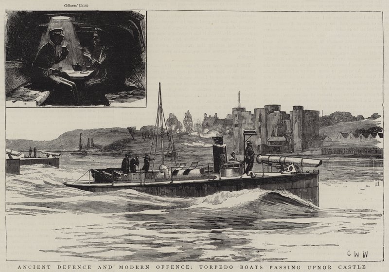 Alte Verteidigung und moderne Offensive, Torpedoboote passieren Upnor Castle von Charles William Wyllie