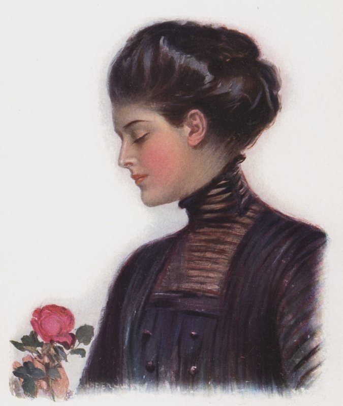 Mädchen mit einer Rose (Farblithographie) von Clarence F. Underwood