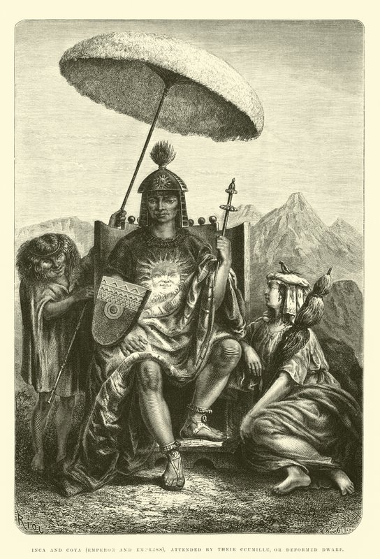Inka und Coya (Kaiser und Kaiserin), begleitet von ihrem Ccumillu, oder deformierten Zwerg von Edouard Riou