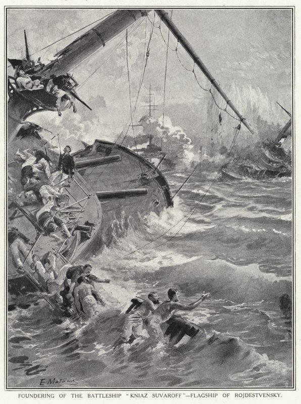 Untergang des Schlachtschiffs Kniaz Suvaroff, Flaggschiff von Rojdestvensky von Edouardo Matania