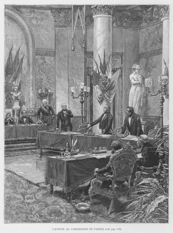 Cavour auf dem Kongress von Paris (Gravur) von Edouardo Matania