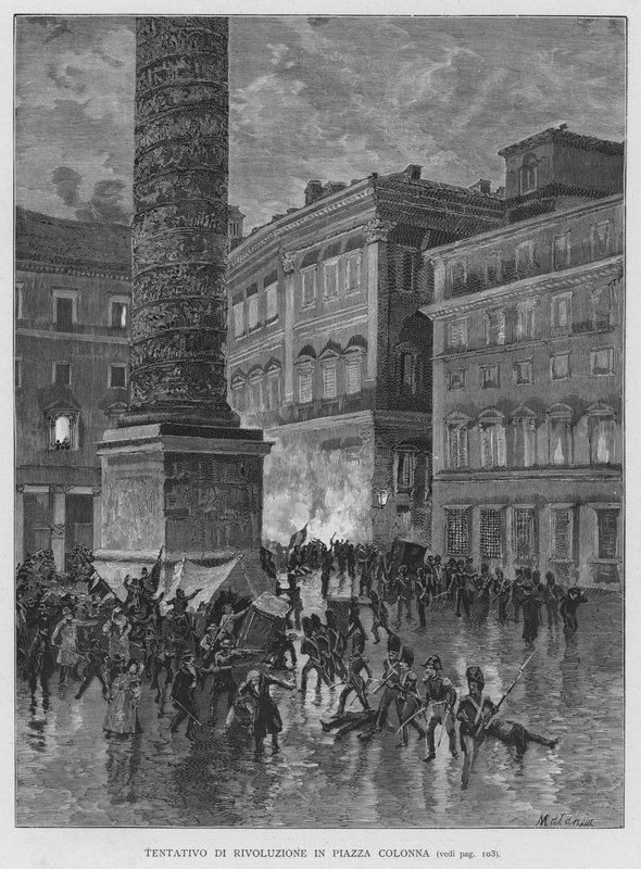 Revolutionsversuch auf der Piazza Colonna (Gravur) von Edouardo Matania