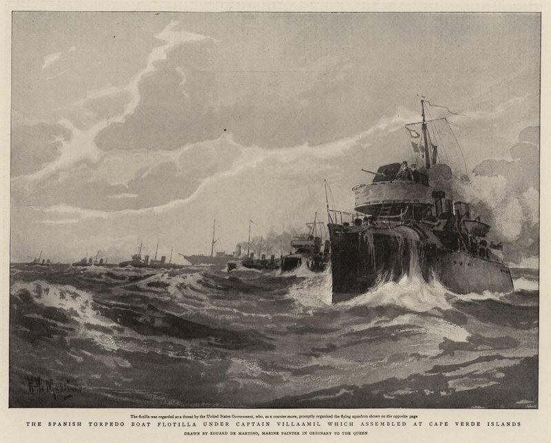 Die spanische Torpedobootflottille unter Kapitän Villaamil, die sich auf den Kapverdischen Inseln versammelte von Eduardo de Martino