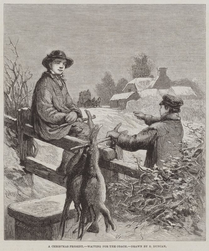 Ein Weihnachtsgeschenk, wartet auf die Kutsche von Edward Duncan