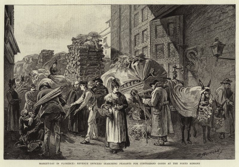 Markttag in Florenz, Zöllner durchsuchen Bauern nach Schmuggelware am Porto Romano von Edwin Buckman
