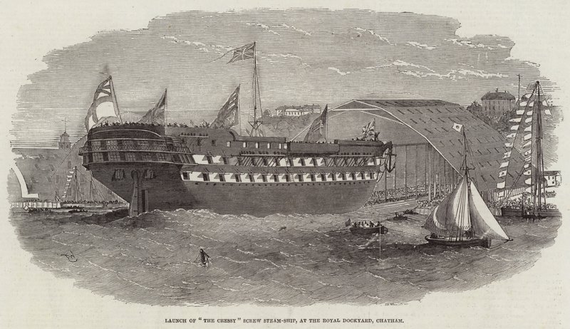 Stapellauf des Schraubendampfschiffs Cressy, in der königlichen Werft, Chatham von Edwin Weedon