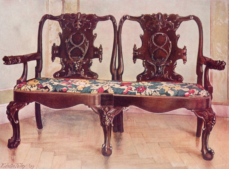 Geschnitztes Walnuss-Darby-und-Joan-Sofa von Edwin John Foley