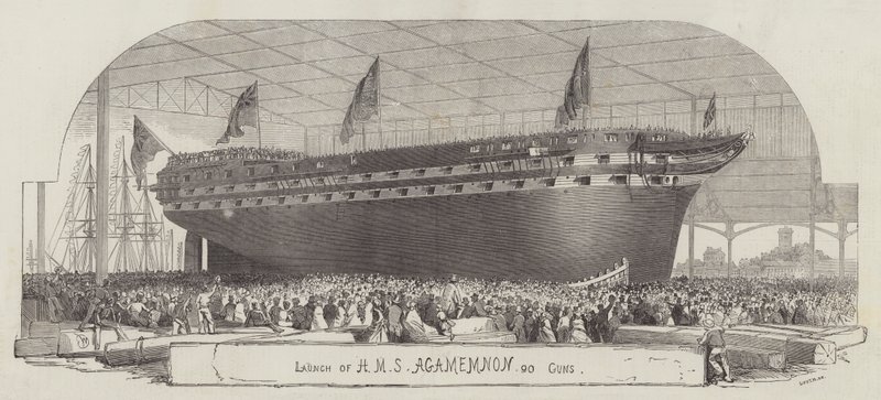 Stapellauf der HMS Agamemnon, 90 Kanonen von Edwin Weedon
