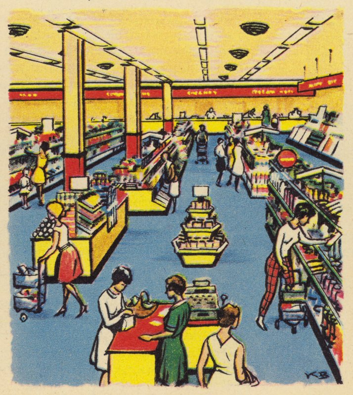 Ein früher Selbstbedienungsladen oder Supermarkt in Großbritannien, ca. 1950 von English School