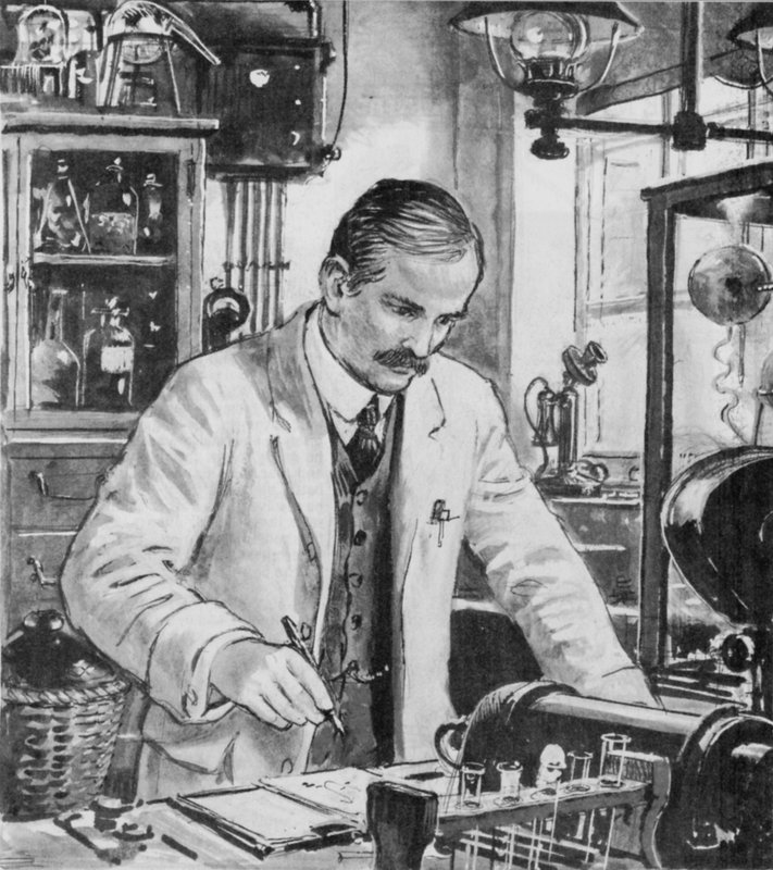 Ernest Rutherford bei der Arbeit in seinem Labor in Cambridge von English School