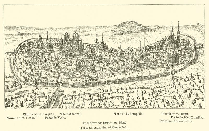 Die Stadt Reims im Jahr 1635 (aus einem Stich der Zeit) von English School