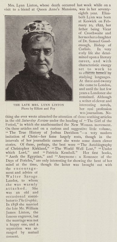 Die verstorbene Mrs. Lynn Linton von English Photographer