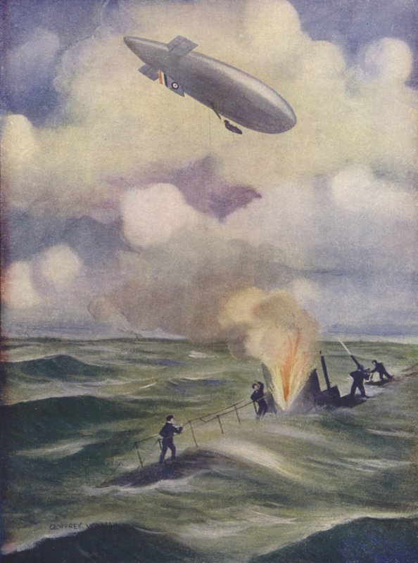 Ein britisches Marine-Luftschiff bombardiert ein U-Boot von English School