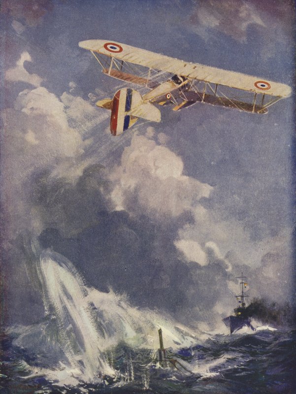 Ein Wasserflugzeug bombardiert ein U-Boot von English School
