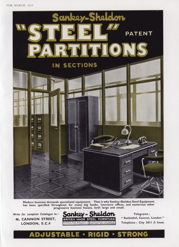 Werbung für Sankey-Sheldon Stahltrennwände, 1937 von English School