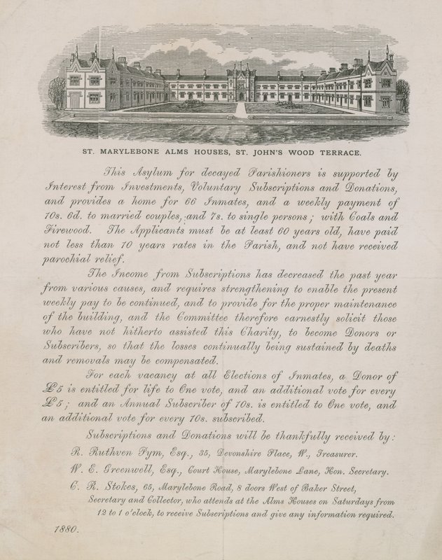 Anzeige für St Marylebone Armenhäuser von English School