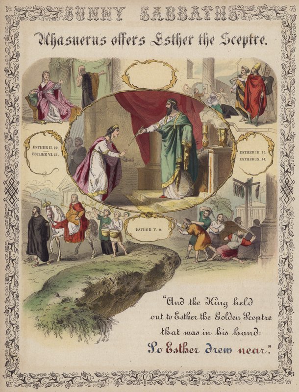 Ahasverus bietet Esther das Zepter an von English School