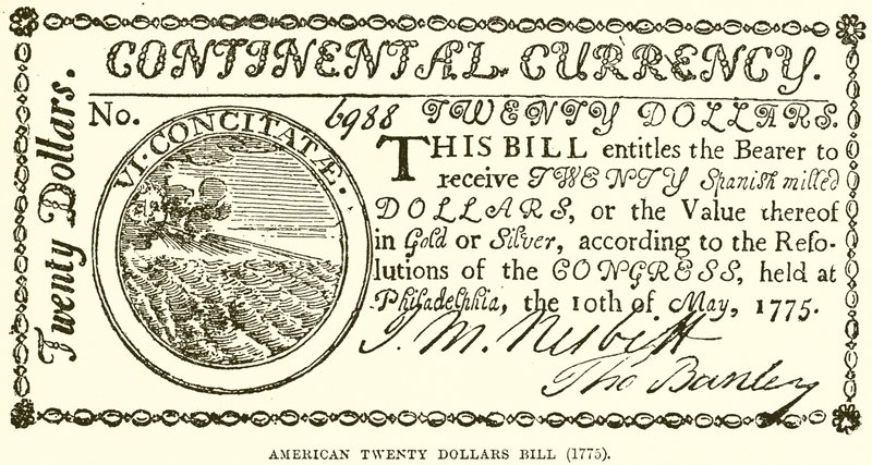 Amerikanischer Zwanzig-Dollar-Schein (1775) von English School